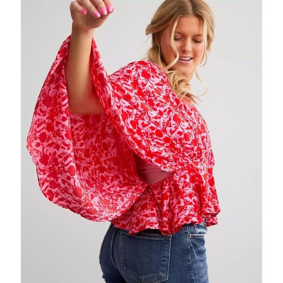 Band Of The Free Pink Red Pheasant XS/S Shirt Blouse Wing Floral Ruffle Boho Top - Picture 4 of 5
